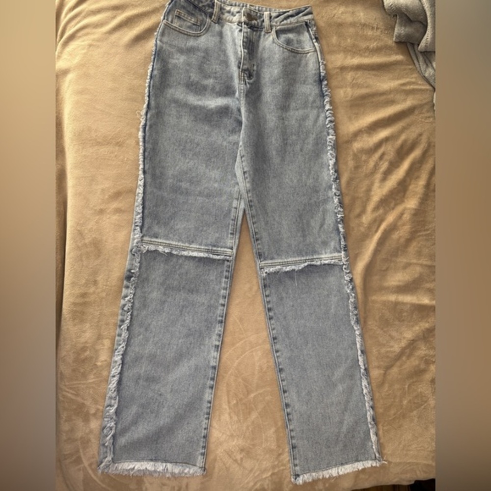 Cloud Ten Gray Straight Leg Jeans with Distressed Details